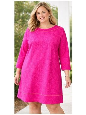 LAND’S END Women’s Size 2X Pink/Orange Boho Print 3/4-Length Sleeve Shift Dress